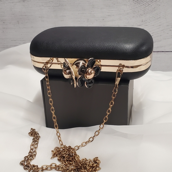 3 AM Forever Box Clutch Purse Black/Gold Trim - Picture 1 of 4
